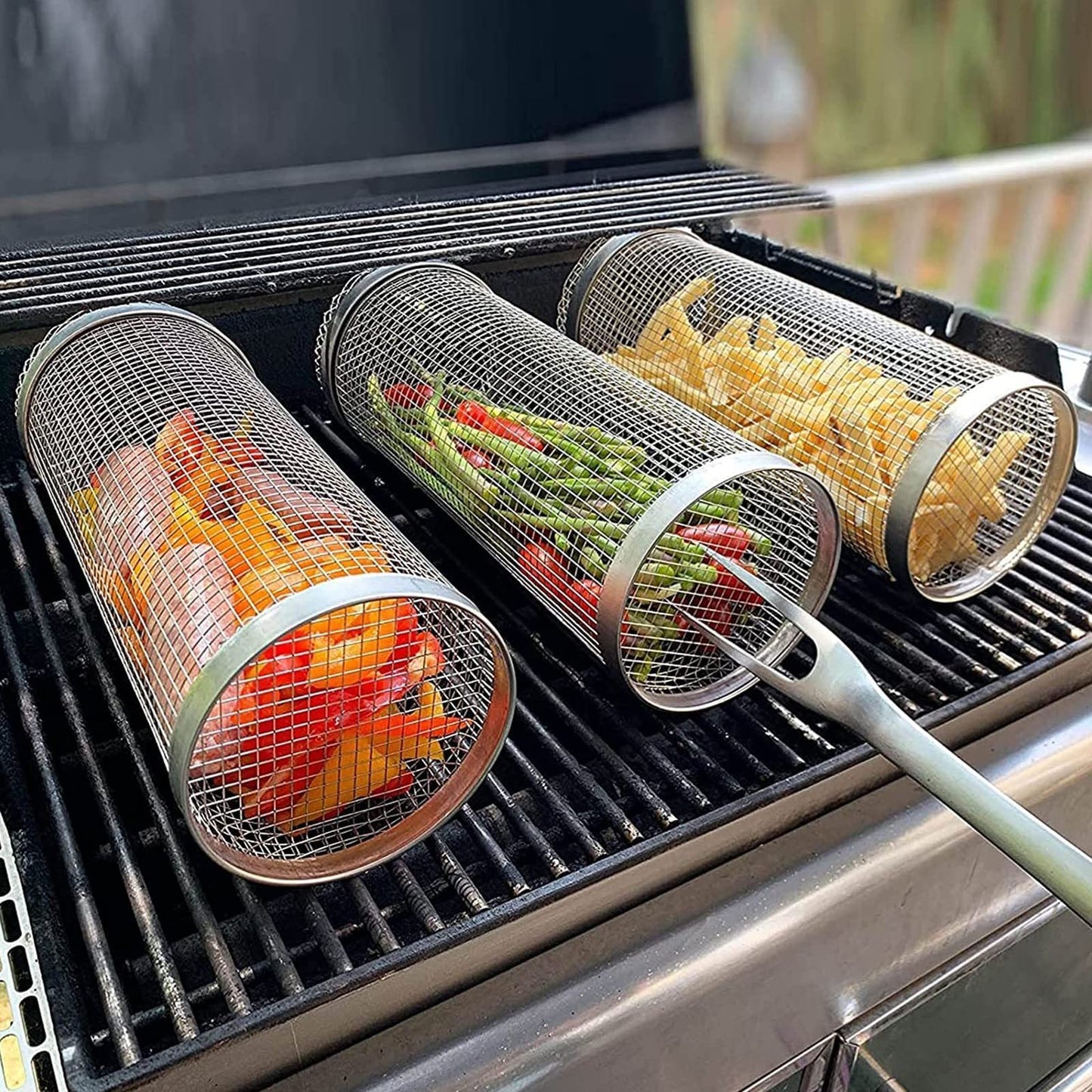 Rolling Grilling Basket Metal Net Portable Outdoor Camping