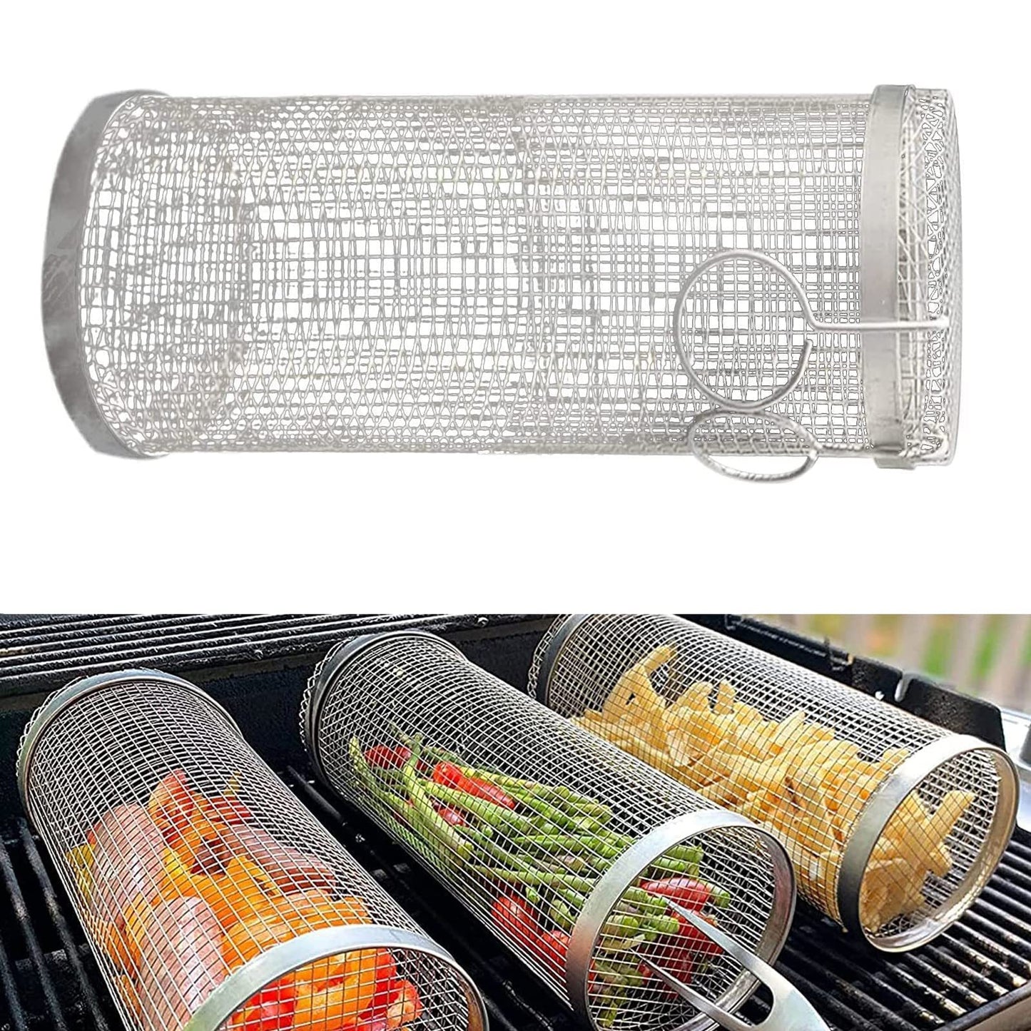 Rolling Grilling Basket Metal Net Portable Outdoor Camping