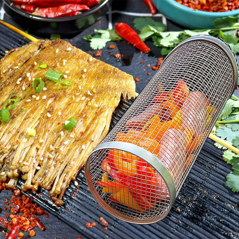 Rolling Grilling Basket Metal Net Portable Outdoor Camping